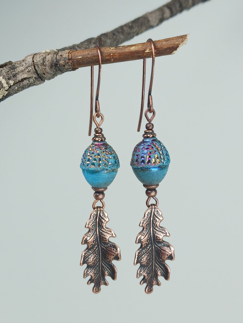 Blue Czech Glass Acorn Earrings Copper Oak Leaf Woodland Hand Crafted - Picture 2 of 7